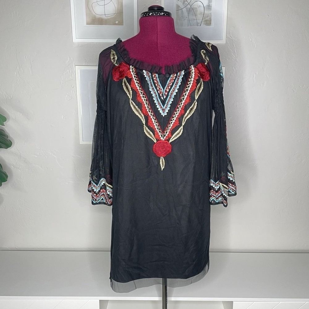 Vintage Collection Tunic Top Womens L‎ Black Embroidered Mesh Bell Sleeve Boho